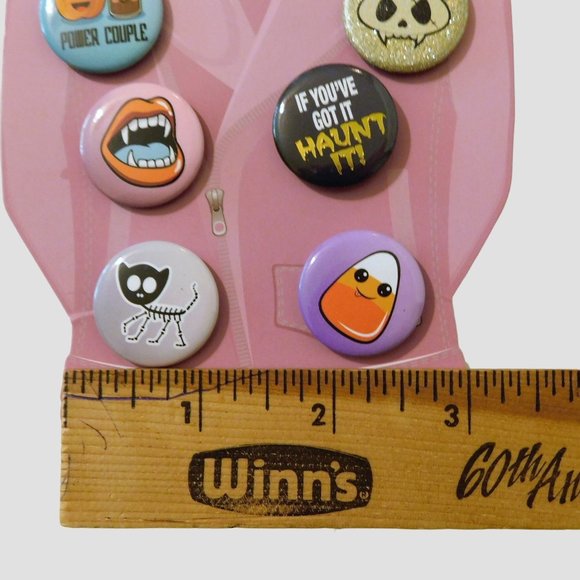 Halloween Fashion Pins Set of 6 Fangs Candy Corn Lapel Hat Metal 1 in Round - Picture 4 of 5